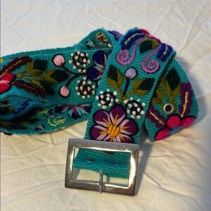 Blue Floral Patterned Belt with Silver Buckle